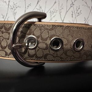 COACH logo classic belt in signature tan fabric/leather.